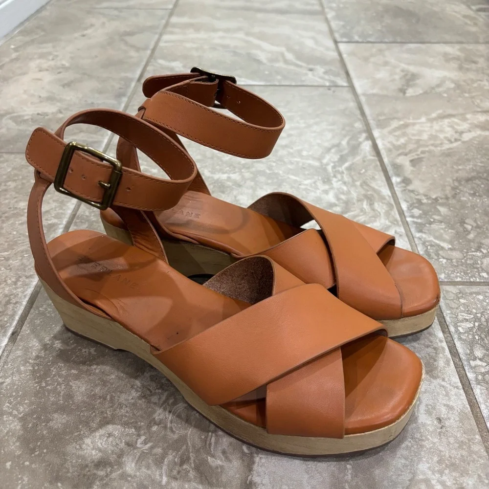 Everlane Leather Crossover Platform Sandal Brown Wood Wedge Ankle Strap sz 7.5 - Picture 2 of 11